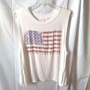 ⭐ Neon Sky Distressed Graphic Print Patriotic Rlaxd Slvelss Rayon T Shirt Top Lg